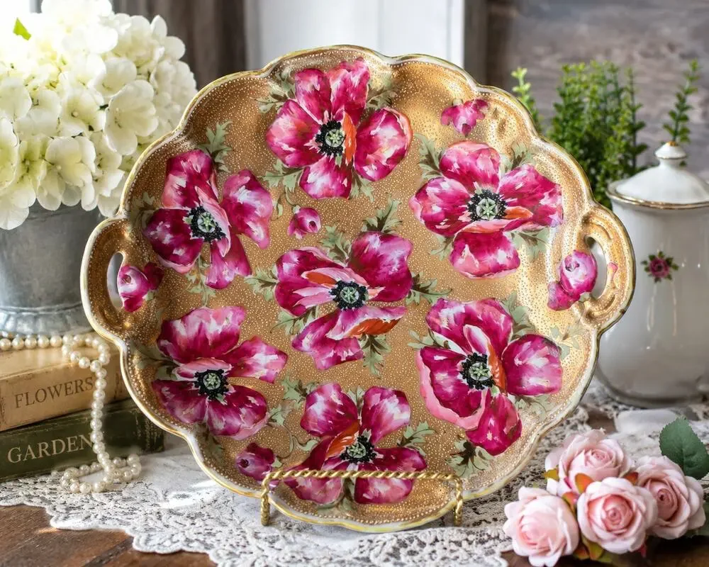 Antique Royal Kinran Nippon Hand Painted Pink Poppy Bowl Gold Moriage 11” Japan